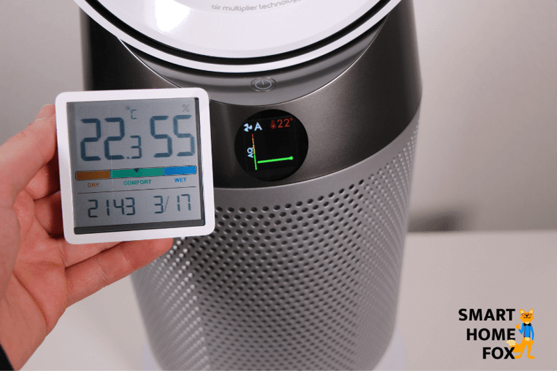 Das Thermostat zeigt die Zieltemperatur nach dem der Dyson Pure Hot + Cool HP04 Luftreiniger die Luft erhitzt hat.